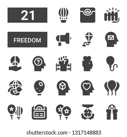 freedom icon set. Collection of 21 filled freedom icons included Grip, Scale, Balloon, Balloons, Mind, Dove, Barbed wire, Peace, Kite, Protest, Fist, Hot air balloon