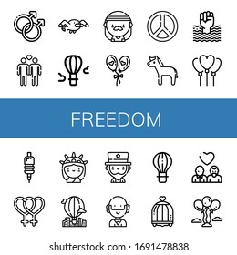 freedom icon set. Collection of Seagull, Hot air balloon, Hippie, Balloon, Peace, Horse, World pride day, Grip, Lesbian, Statue of liberty, Uncle sam, Bird cage, Balloons icons