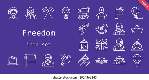 freedom icon set. line icon style. freedom related icons such as tent, woman, flag, airship, gender, flags, scale, air force, statue, girl, horse, cage, hot air balloon, dove, paper boat