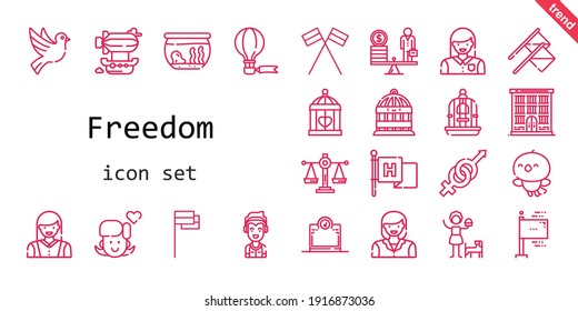 freedom icon set. line icon style. freedom related icons such as flag, woman, airship, gender, marshall, flags, scale, bird cage, jail, girl, fishbowl, cage, hot air balloon, dove, bird, 