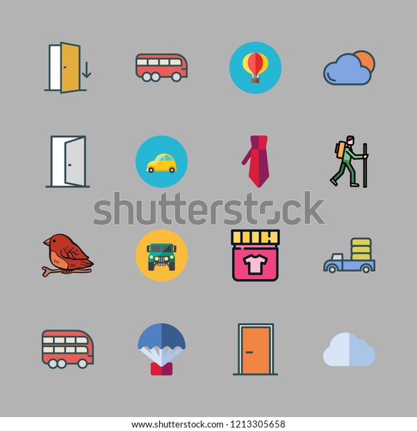 freedom icon set. vector set about door, car, hiker
and tie icons set.