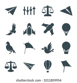 Freedom icons. set of 16 editable filled freedom icons such as dove, kite, scales, air balloon, paper plane, hang glider, love bird, equalizer