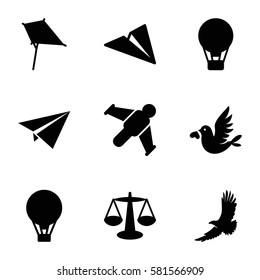freedom icons set. Set of 9 freedom filled icons such as eagle, kite, love bird, air balloon, paper plane, hang glider