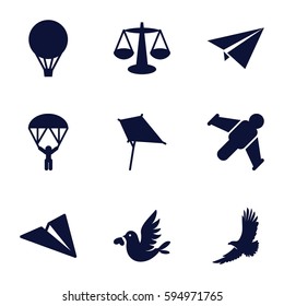 Freedom Icons Set. Set Of 9 Freedom Filled Icons Such As Eagle, Kite, Love Bird, Air Balloon, Man With Parachute, Paper Plane, Hang Glider