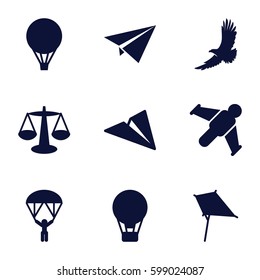 freedom icons set. Set of 9 freedom filled icons such as eagle, kite, air balloon, man with parachute, paper plane, hang glider