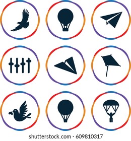 Freedom icons set. set of 9 freedom filled icons such as eagle, kite, love bird, equalizer, air balloon, man with parachute