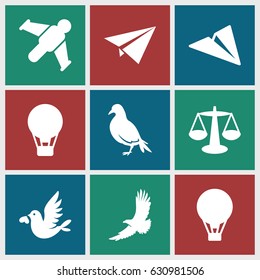 Freedom icons set. set of 9 freedom filled icons such as dove, eagle, love bird, air balloon, paper plane, hang glider