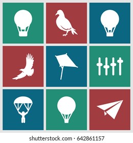 Freedom icons set. set of 9 freedom filled icons such as dove, eagle, kite, equalizer, air balloon, man with parachute