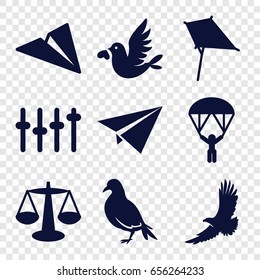 Freedom icons set. set of 9 freedom filled icons such as dove, eagle, kite, love bird, equalizer, man with parachute, paper plane