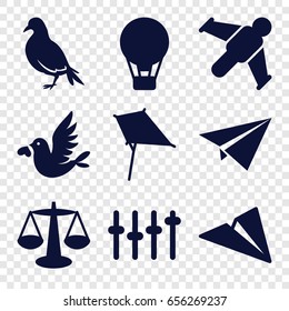 Freedom icons set. set of 9 freedom filled icons such as dove, kite, love bird, equalizer, paper plane, hang glider, air balloon