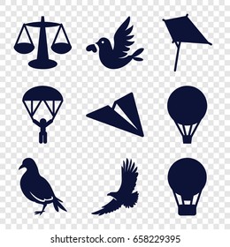 Freedom icons set. set of 9 freedom filled icons such as dove, eagle, kite, love bird, air balloon, man with parachute, paper plane