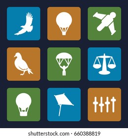 Freedom icons set. set of 9 freedom filled icons such as dove, eagle, kite, equalizer, air balloon, man with parachute, hang glider