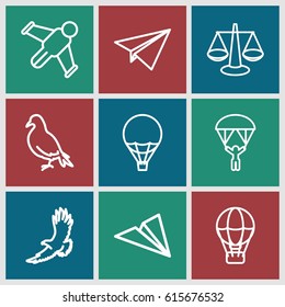 Freedom icons set. set of 9 freedom outline icons such as dove, eagle, air balloon, man with parachute, scales, paper plane