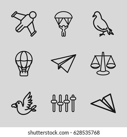 Freedom icons set. set of 9 freedom outline icons such as dove, love bird, equalizer, man with parachute, scales, paper plane, hang glider