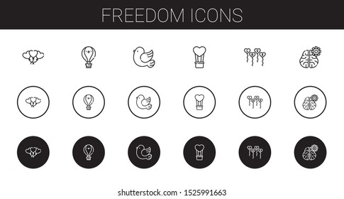 freedom icons set. Collection of freedom with balloons, hot air balloon, pigeon, mind. Editable and scalable freedom icons.