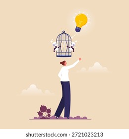 Libertad de idea de Inteligencia artificial, dando más concepto de ideas nuevas o generadas, jaula de apertura del robot sobre la cabeza de la empresaria a la bombilla de la idea de la Autorización