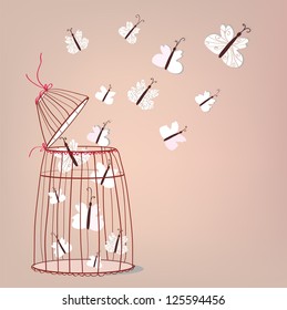 Freedom illustration - cage and butterflies flying