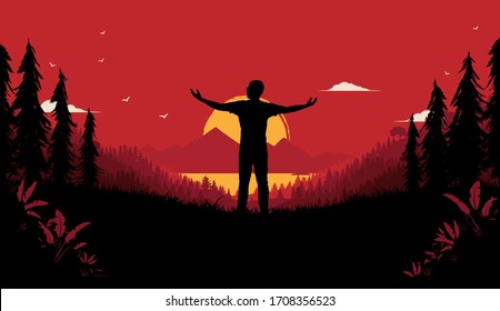 Freedom illustration. Person standing alone in nature with beautiful view, holding arms out, embracing the sunrise. True happiness, being free, and bright future concept in powerful colours. Vector.