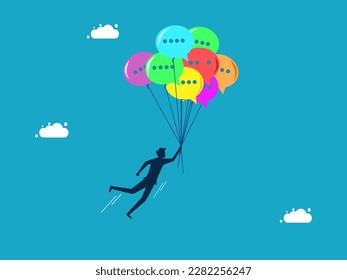 Libertad de información y búsqueda de conocimiento. hombre volando con globos de voz. concepto de negocio 