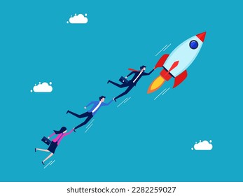 Freedom and innovation. Businessman staff clinging to a rocket. business and investment concept 