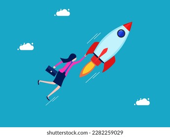 Freedom and innovation. Businesswoman clinging to a rocket. business and investment concept 