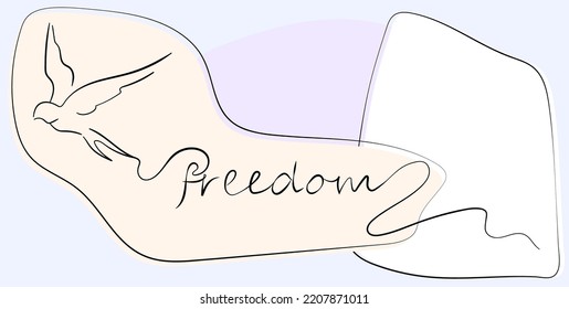 Freedom inscription. Flying bird in lineart style.