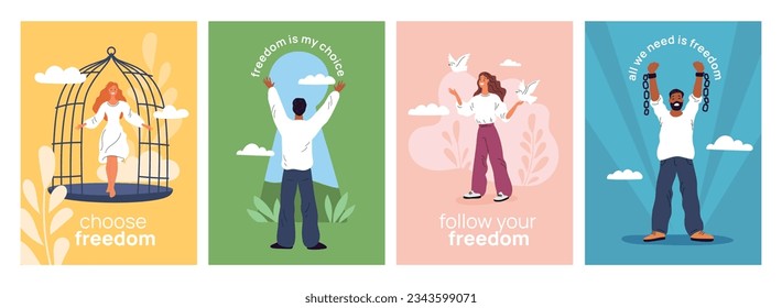 Tarjetas de inscripción de libertad. Personas liberadas de la celda. Hombre encontrando libertad y ligereza. Mujer saliendo de la jaula. Rompiendo cadenas. Paloma libre. Afiches motivacionales