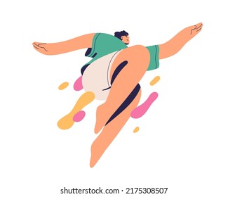 Libertad, inspiración, concepto de aspiración. Joven saltando, avanzando con entusiasmo, aspirando, volando. Una persona libre creativa inspirada. Ilustración vectorial plana aislada en fondo blanco