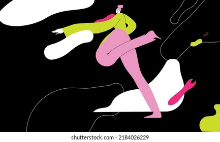 Freedom, inspiration and creative energy concept. Happy active enthusiastic young woman flies. Free energetic girl jumping up in flight. Flat vector illustration isolated on white background