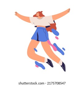 Freedom, inspiration, creativity concept. Happy creative woman flying, floating in dreams and ideas. Inspired girl jumps up and flies. Flat graphic vector illustration isolated on white background