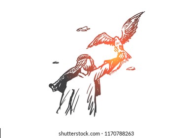 Freedom, Islam, Lifestyle, Fascination Concept. Hand Drawn Muslim Man With Hawk On Hand Concept Sketch. Isolated Vector Illustration.