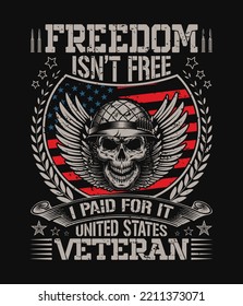 freedom isn't free typography with skull, USA flag grunge effect vintage veteran day t-shirt.