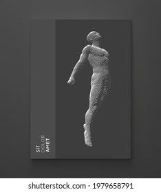 Freedom, leadership or development concept. Jumping sportsman. The man flies away to his goal. Voxel art. 3D vector illustration.