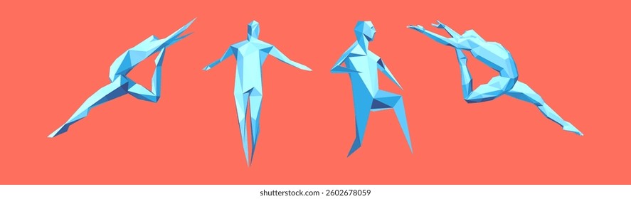 Freedom, leadership or development concept. Jumping men. Gymnastics activities for icon health and fitness community.  
Running man or marathon runner. 3D human body model. Design for sport. Vector.