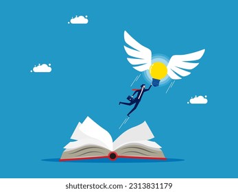 Freedom to learn and imagine. Businessman flying with a light bulb flying out of a book