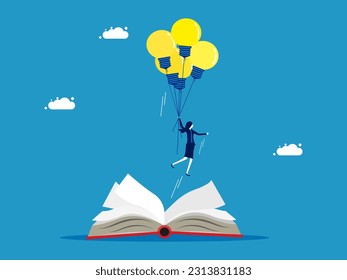 Freedom to learn and imagine. Businesswoman flying with a light bulb flying out of a book
