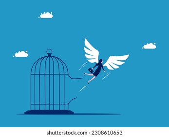 Freedom or leaving the safe zone. Businesswoman with wings flying out of cage