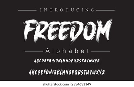 Freedom Lettering font isolated on black background. Texture alphabet in street art and graffiti style. Grunge and dirty effect.  Vector brush letters.
