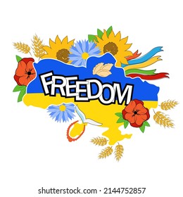 "Freedom" lettering inscription. Map of Ukraine in the colors of the national flag of Ukraine.  Ukrainian national symbols : wheat, bread, sunflower, ribbons, vareniki, gull, necklace, poppy flower. 