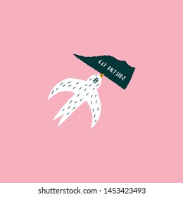 Freedom lettering text and swallow, inspiring travel quote, typography design. Vector clipart