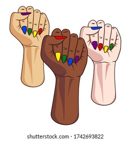 Freedom for lgbt. Pride fist. Three female fists raised as a sign of protest. Different ethnics. Asian, Afro American or African and European with colored nails with rainbow colors. Isolated on white