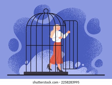 Freedom and liberation. Woman comes out of black cage. Inner prisoner with mental and psychological problems. Mindfulness and self development. Cartoon flat vector illustration