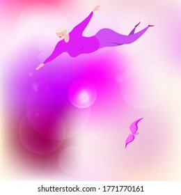 Freedom and liberation. Young attractive girl cartoon character flies in a dream. Blurred background illustration vector