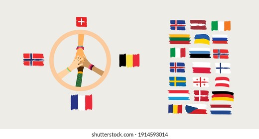 Libertad, Libertad, Respeto, Concepto Multicultural. Manifestación pacífica. Manos, piel blanca y negra. Diseño de diferentes acuerdos de naciones. Antecedentes del Vector del Día Internacional de la Paz. Cartel del Día de la Paz.
