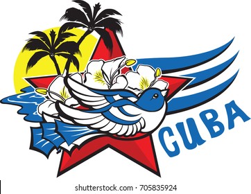 Freedom and liberty symbol - blue cuban bird, red star, flowers, sun and palms. Icon logo with inscription Viva Cuba. Vector illustration.
