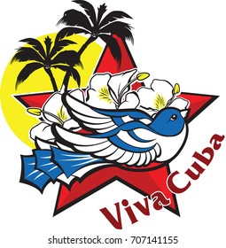 Freedom and liberty symbol - blue cuban bird, red star, flowers, sun and palms.
