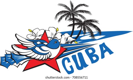 Freedom and liberty symbol - blue cuban bird, red star, flowers, sea and palms. 
