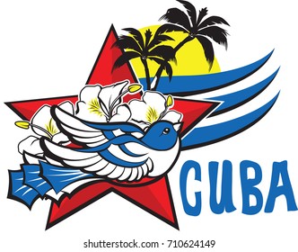 Freedom and liberty symbol - blue cuban bird, red star, flowers, sun and palms.
