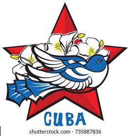 Freedom and liberty symbol - blue cuban bird, red star, flowers.