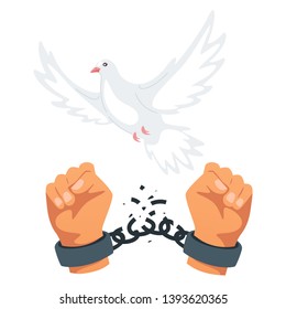 Freedom, liberty symbol flat vector illustration. Hands tearing shackles. White pigeon flying. Broken handcuffs, slave chains on wrists isolated clipart. International Day of Peace, human rights